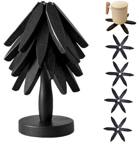 YuXinCat Baumförmige Holzuntersetzer für heiße Speisen - 4er Set + Ständer für heiße Gerichte, Töpfe, Schalen, Teekannen, Hitzeschutz (Schwarz)