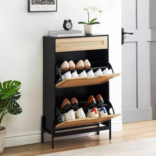 PortoAlegre Schuhschrank 2 Klappen, Schuhkipper, Schuhregal, Schuhaufbewahrung, Platzsparender Schuhkipper mit 1 Schublade, Trennwand Verstellbar, für Diele, Flur, 61x24x102cm, Schwarz
