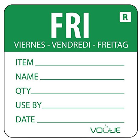 Vogue Friday Day of the Week Label Friday - Green. | Simplifies food rotation compliance in busy commercial kitchens by clearly marking prep dates to reduce waste.