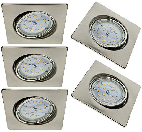 Trango 5er Set 6729-052SGUSDAK LED Deckenstrahler in Edelstahl-Optik Eckig inkl. 5x 5 Watt 3-Stufen dimmbar GU10 LED Leuchtmittel 3000K warmweiß Einbaustrahler, Einbauspot, Deckenleuchte, Deckenspots