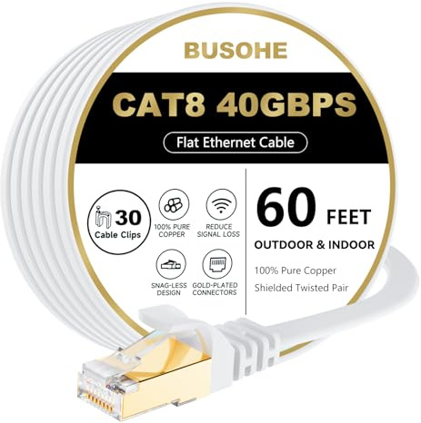 BUSOHE Cat 8 Ethernet Cable 60 FT, 40Gbps 2000Mhz High Speed Flat Cat8 Cable Patch Cord with Gold-Plated RJ45 Connector, LAN Network Internet Cable with 30 Clips for Router/Gaming/Computer, S/FTP