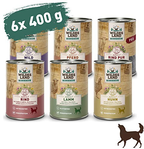 Wildes Land - Nassfutter für Hunde - Mix - 6 x 400 g - Glutenfrei - Extra viel Fleisch - Beste Akzeptanz und Verträglichkeit