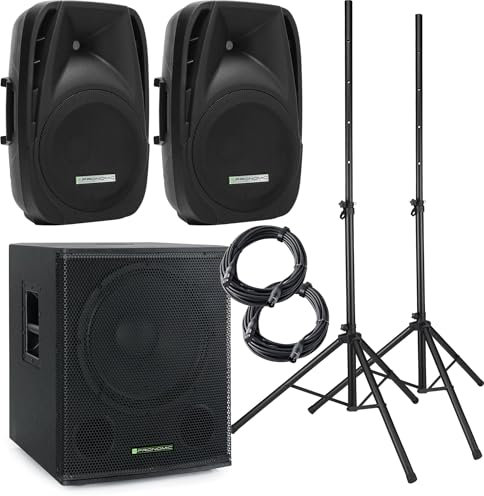 Pronomic 118S-212A Impianto PA Attivo - set PA attivo con 1 subwoofer da 18 e 2 satelliti da 12 - 600 watt potenza totale (RMS) - inclusi supporti per casse e cavi da 10m