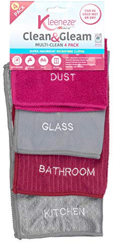 Kleeneze® KL068118EU - Panni super assorbenti per il bagno in microfibra per la pulizia e la rimozione di batteri | Confezione da 4 pezzi | Rosa e grigio