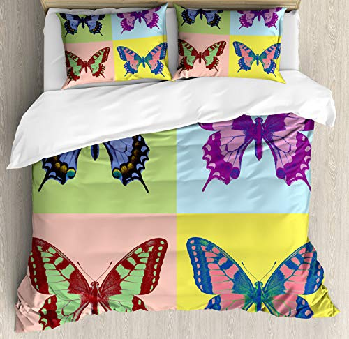 Ambesonne Butterfly Duvet Cover Set, Pop Art Swallowtail Pavilions Wild Life Transcendent Energies of Colorful Wings, Decorative 3 Piece Bedding Set with 2 Pillow Shams, California King, Multicolor