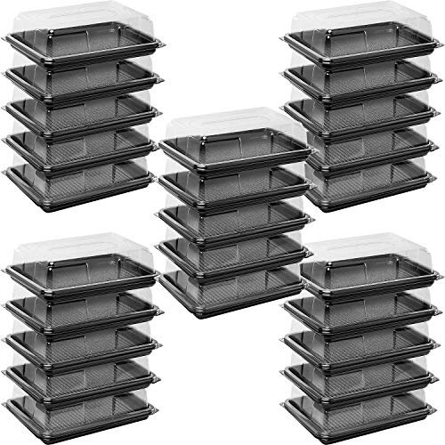 delisupplies Pack of 25 Mini Rectangle Food, Cake, Sandwich Platter Tray Set, Black Tray Base with Clear Lid Durable Buffet Catering Food Sandwich Trays (L250mm x W180mm x 70mm with Lids)