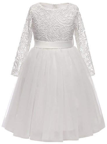 Aibaowedding Mädchen Prinzessinnenkleid Langarm Spitzenkleid Tüllrock Blumenmädchenkleider Geburtstag Party Brautjungfernkleid 2-12 Jahre(Weiß,6-7Y)