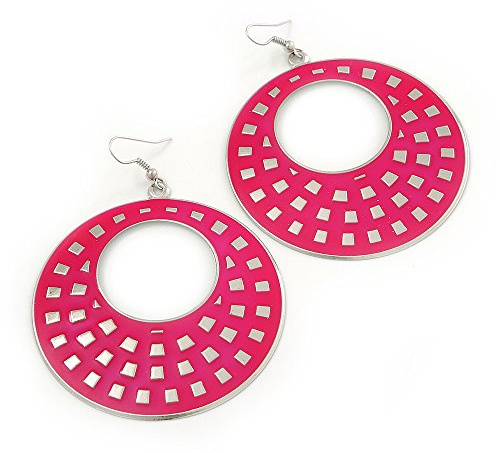 60mm D/Lightweight Fuchsia Enamel Hoop Earrings/Silver Tone/ 8cm L