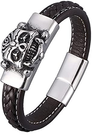 Skcess Magnetarmband Herren Silber，Herrenarmband Aus Leder Totenkopf-Lederarmband Mit Magnetischer Schnalle Lederarmband Herren 20.5cm