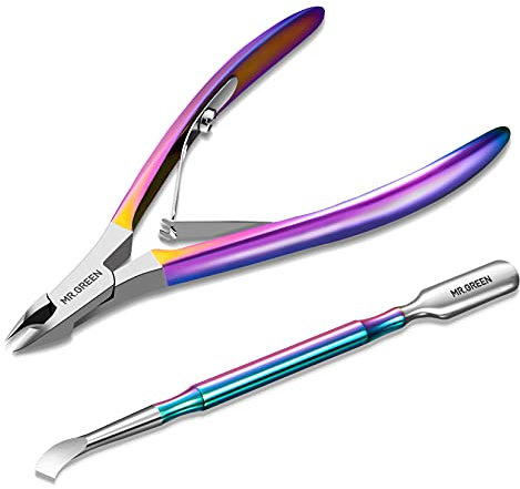 MR.GREEN Forbicine per Cuticole Tronchese per Cuticole in Acciaio Inossidabile e Spingitore per Salone e Casa Set Manicure e Pedicure(Titanio Colorato+Putter)