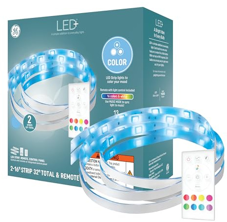 GE LED+ Color Changing LED Light Strip with Remote, 13W, Music Syncing Strip Light, 32ft