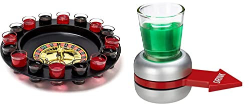 Relaxdays 10010182 Roulette Trinkspiel, Partyspiel mit Drehrad, rot/schwarz & Trinkspiel Spin The, Flaschendrehen, roter Pfeil, 2 cl Shotglas, lustiges Partyspiel, Shot Spinner, grau