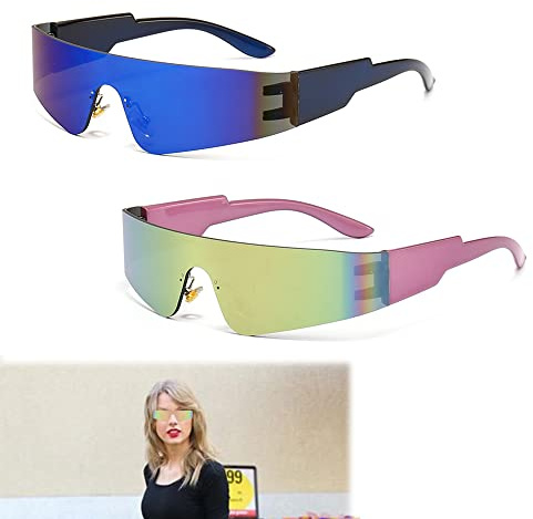 2 Paare Futuristische Brille Sonnenbrille,Schnelle Brille Rave,Randlos Schnelle Brille,Futuristische Verspiegelte Sonnenbrille,Herren Damen für Rollenspiele, Faschingspartys (Blau und Violett)
