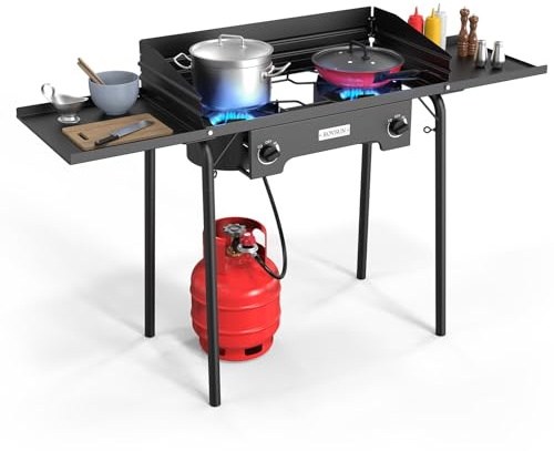 ROVSUN 2 Burner Gas Stove with Side Shelves, 150,000 BTU Portable Propane Stove with Removable Legs, Wind Panels & Regulator for Camping Home Backyard Cooking Brewing Canning Turkey Frying