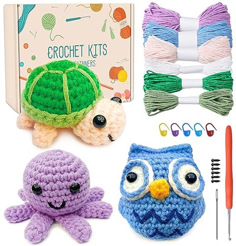 Souarts Komplett Häkelset für Anfänger Tiere, Häckeln Stricken für Anfänger Set mit Häkelnadeln Garn, Kreativ Strickset Bastelset für Erwachsene Kinder Geschenk(Lila Grün Blau)