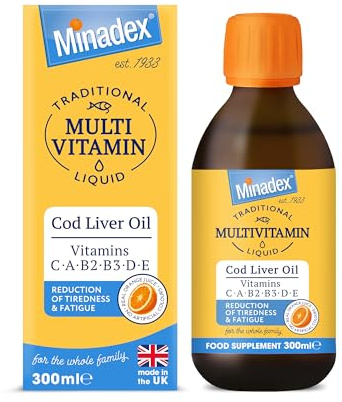 Minadex® Multivitamin Liquid with Cod Liver Oil for Adults & Kids, Delicious Orange Flavour, Vitamins C, A, B2, B3, D, E & Omega-3, Boost Energy & Reduces Tiredness, Supports Immunity, 300ml