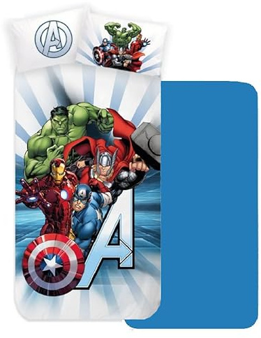 cartoon Juego de sábanas para niños, juego de 3 piezas, sábana bajera, sábanas, fundas de almohada, cama individual, 100% algodón (Avengers)