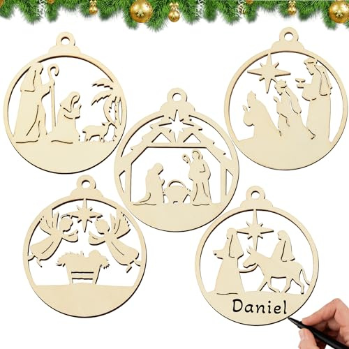 30pz Palline Presepe Natale Ciondoli Natalizi in Legno per Albero, Ornamenti Addobbi Presepio Decorazioni con Spago Scatola