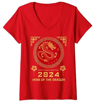 Femme Année du dragon 2024 Nouvel An lunaire Nouvel An chinois 2024 T-Shirt avec Col en V