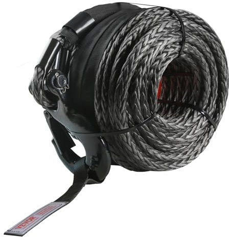 VEVOR Synthetic Winch Rope, 3/8 Inch x 100 Feet, 26,500 lbs with Protective Sleeve + Forged Winch Hook + Pull Strap, Universal Fit for SUV, Large Off-Road Vehicle, Truck