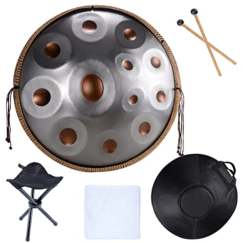 432 Hz Steel Drum Hand Pan, 22 Zoll Steel Hand Pan Drums in D-Moll mit Tasche und Stativ - Professionelle Audioproduktion Handpan Drum Instrument - 12Tones Schwarz