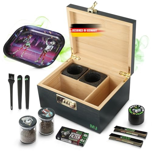 Mari & Juan Bambusbox Grinder Box I Aufbewahrungsbox mit Zahlenschloss, inkl. Rolltablett Blättchen Filter Glasbehälter u.v.m. I Grinder Set I Kräuter Zubehör Stash Box I Crusher Set in Anthrazit