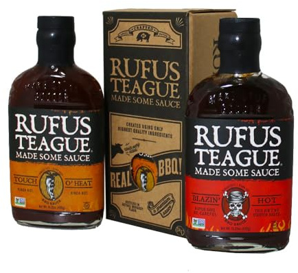 Rufus Teague Coffret Sauces Piquantes – Duo Touch o’ Heat & Blazin’ Hot – Sauces BBQ épicées en flacon verre – Cadeau homme, set grill & barbecue