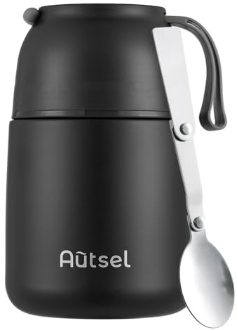 Autsel Food Flask for Cold/Hot Food, 700ml Thermal Soup Flask, Insulated Food Container, Stainless Steel Food Jar with Folding Spoon - Keep 12h Cold & Hot