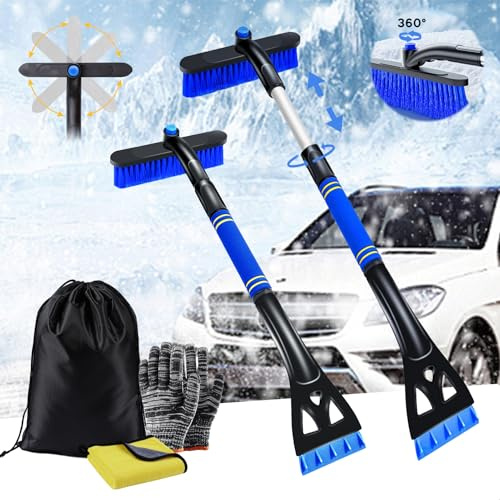 ZTBFHLZQ Eiskratzer Auto mit Besen,Auto Eiskratzer,Eiskratzer Teleskop mit Besen,Eiskratzer Auto mit handschuh,Schneebesen Auto Teleskop,360° eiskratzer Für Auto LKW SUV PKW Windschutzscheibe (Blau)