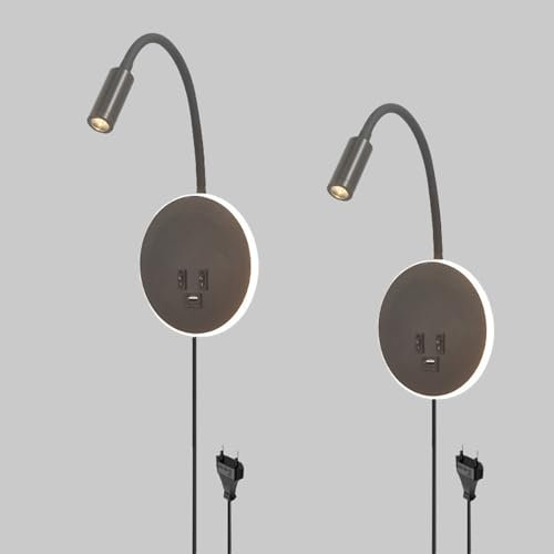 LED Schwanenhals Leselampe Wandlampe USB Aufladung mit Schalter und USB Aufladung Verstellbarer Wandleselampe Bettlampe Innen Leselicht Schlafzimmer mit Stecker Kabel (Schwarz Weißes Licht,2 Stück)