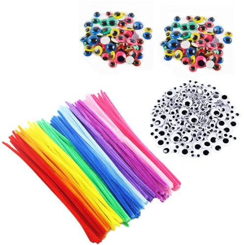 PARFCO Yeux Mobiles, 600 Pièces Yeux Mobiles Autocollants, Plastique PVC Oeil a Coller, avec 100 Pièces de Bâtons Torsadés Colorés, pour Création DIY, Décoration et Cadeaux