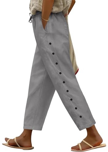 Yuson Girl Pantalon Femme Été Coton 7/8 Pantalons Taille Haute Elastique Décontractée Pantacourt à Boutons Décoratifs Léger Solide Couleur de Plage Large avec Poches(Gris, XXL)