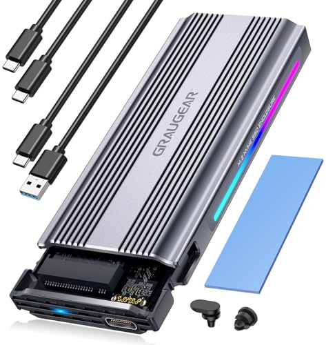 GRAUGEAR Externes Gehäuse f. NVMe SSD M.2 & SATA SSD werkzeuglos, 10Gbit/s | M.2 SSD NVMe & SATA, USB 3.2 Gen2, Dynamic RGB Lighting, Kühlkörper, Unterstützt 2280/2260/2242/2230, 10G Aluminiumgehäuse