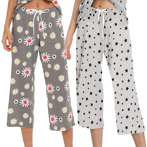 MIA LUCCE Pyjamasbyxor, dam, 3/4 bomull, nattkläder med dragsko | Fashionabla pyjamasbyxor med dragsko, pyjamas dam 3/4 byxor långa för natt och fritid, storlekar S till XXL