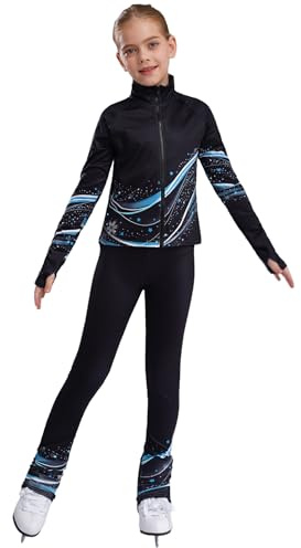 Fldy Mädchen Eiskunstlauf Anzug Warme Thermo Jacke Warm Eiskunstlauf Leggings Kinder Eislaufen Trainingsoutfit Sportanzug Tanzkleidung Blau 122-128