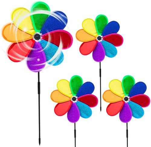 4 Stück Windrad Blume, Reflektierende Windräder, Windrad Garten, Taubenabwehr Windrad, Windrad Kinder, Windräder Vogelabwehr, Windrad Vogelabwehr für Balkon, Garten, Obstgarten, Hof, Dach