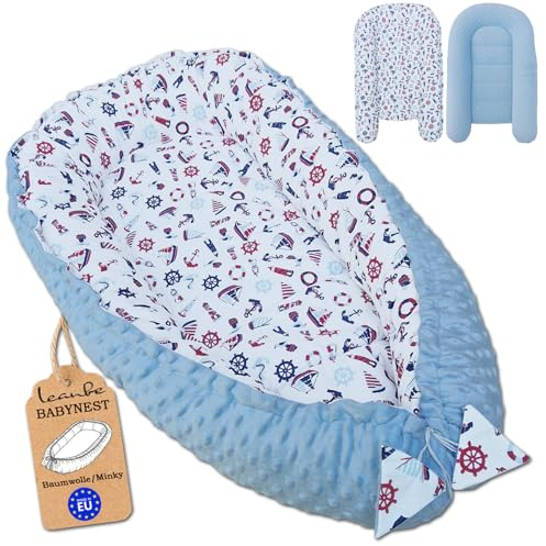 Leanbe Babynest 90x50 cm – Babynestchen für Neugeborene, Nestchen Baby aus Baumwolle & Polyester, Bettnestchen für Winter/Herbst, Baby Nest Set für Indoor & Outdoor (BLAU/Segelboote)