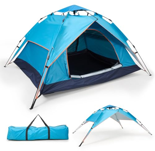Warmiehomy Pop Up Zelt, 3-4 Personen Wasserdichtes Campingzelt, Doppelschichtiges automatisches Kuppelzelt mit abnehmbarer Außenplane, tragbare Outdoor-Rucksackzelte für Familien-Camping, Wandern