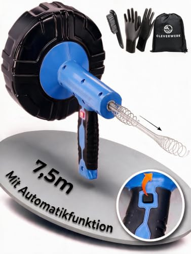 CLEVERWERK Rohrreinigungsspirale 7,5m mit [Automatischer Drahtzuführung] | Abflussreiniger Spirale Abfluss Rohrreinigung für Bad&Küche
