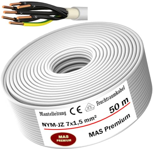 MAS Premium Feuchtraumkabel Stromkabel 5-100m Mantelleitung NYM-JZ 7x1,5 x2,5 NYM-JB 7x1,5 (Aderfarben) Elektro Strom Kabel Installationskabel OFC für feste Verlegung (NYM-JZ 7x1,5, 50m)