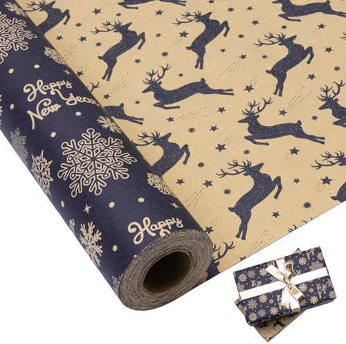 Larcenciel Geschenkpapier Weihnachten Rollen, 10 m x 43 cm Vintage Blau Geschenkverpackung Weihnachten mit Elch-Schneeflocke, Edel Beidseitig Bedrucktes Kraftpapier Rolle Recycling für Neujahr, Party