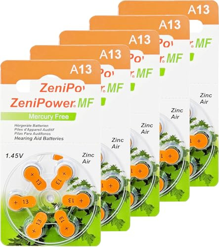Zeni Power Hörgerätebatterien Typ 13-30 Stück Hörgeräte Batterien - Pack mit 5 Blistern à 6 Hörgerätebatterien – PR48 Farbcode orange 1,45 Volt