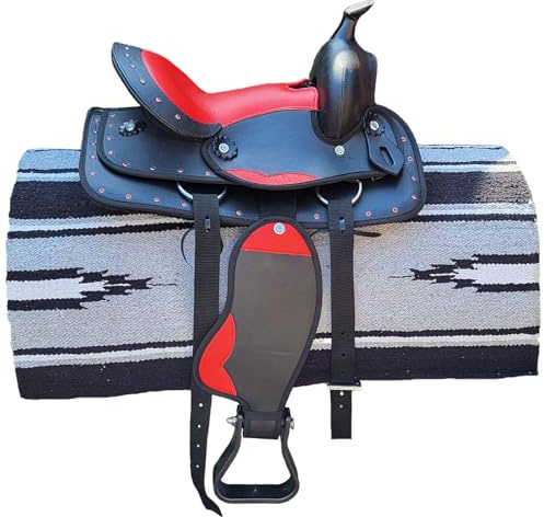 Brama West Kinder Westernsattel Little Cowboy mit Decke | Kindersattel mit Strasssteinen & Steigbügel | ideal für Holzpferd & Pony | Schwarz/Rot