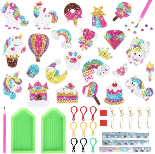 GUOYIHUA 24 Piezas Unicornio Llaveros Pintura Diamantes, 5D Diamond Painting Niños, DIY Pintura de Diamantes, Regalos para Niñas de 6 Años para Niños y Adultos