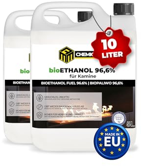 MRM CHEMICALS Bioethanol 96,6% – 2 x 5 L Brennstoff für Ethanol Kamine & Tischkamine – saubere Verbrennung ohne Rauch, Ruß & Geruch – geeignet für Innen- & Außenkamine – hochrein, sicher & effizient