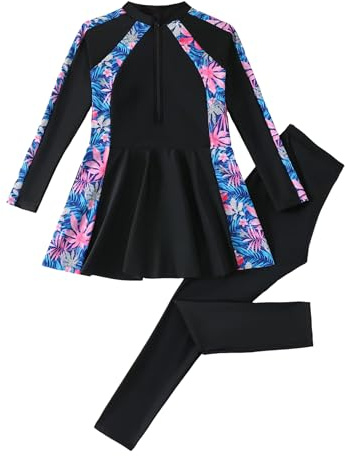 IMEKIS Muslim Swimwear for Girls Kid Long Sleeve Rash Guard Swimsuit Tropical Print Swimming Top with Swim Pants 2pcs Modest Bathing Suit for Age 8 to 12 Years