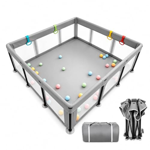 Laufstall Baby Faltbar Laufgitter Playpen, 180*180cm Faltbarer Kinder Play Pen Gitter mit Reißverschlusstür & Starker Saugnapf | Drinnen & Draußen Tragbares Babyzaunn | Quick 60s Pop up (Dunkelgrau)