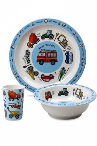Kids 3 Piece Dinnerware Set – Plate, Bowl & Beaker Bundle – Children’s Mealtime Set – Dinosaur, Unicorn or Vehicle Design – Reusable Lightweight Kids Tableware HTUK (Vehicle Beaker+Bowl+Plate)