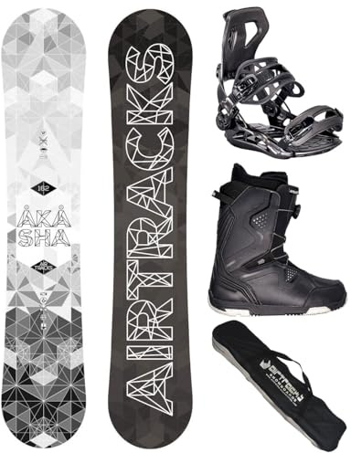 AIRTRACKS Snowboard Set Paquete Completo Tabla Akasha Wide Hybrid Rocker Hombre 159 - Fijaciones Master - Botas Strong ATOP 44 - SB Bag