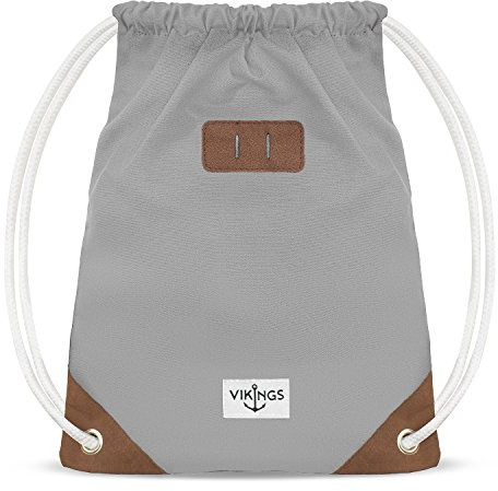 VIKINGS Gym Bag Turnbeutel Baumwolle Canvas Tasche Sport für Frauen Männer Kinder, Grau, 35x45 cm